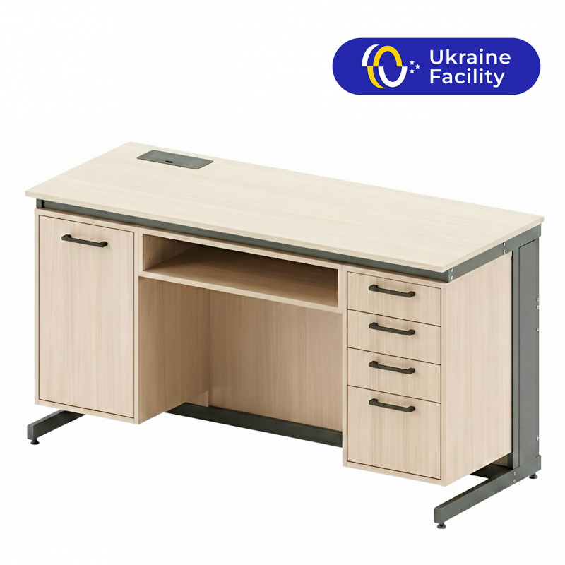 100403 HPL H Стіл демонстраційний з пластиковою стільницею HPL, розетками та полицею